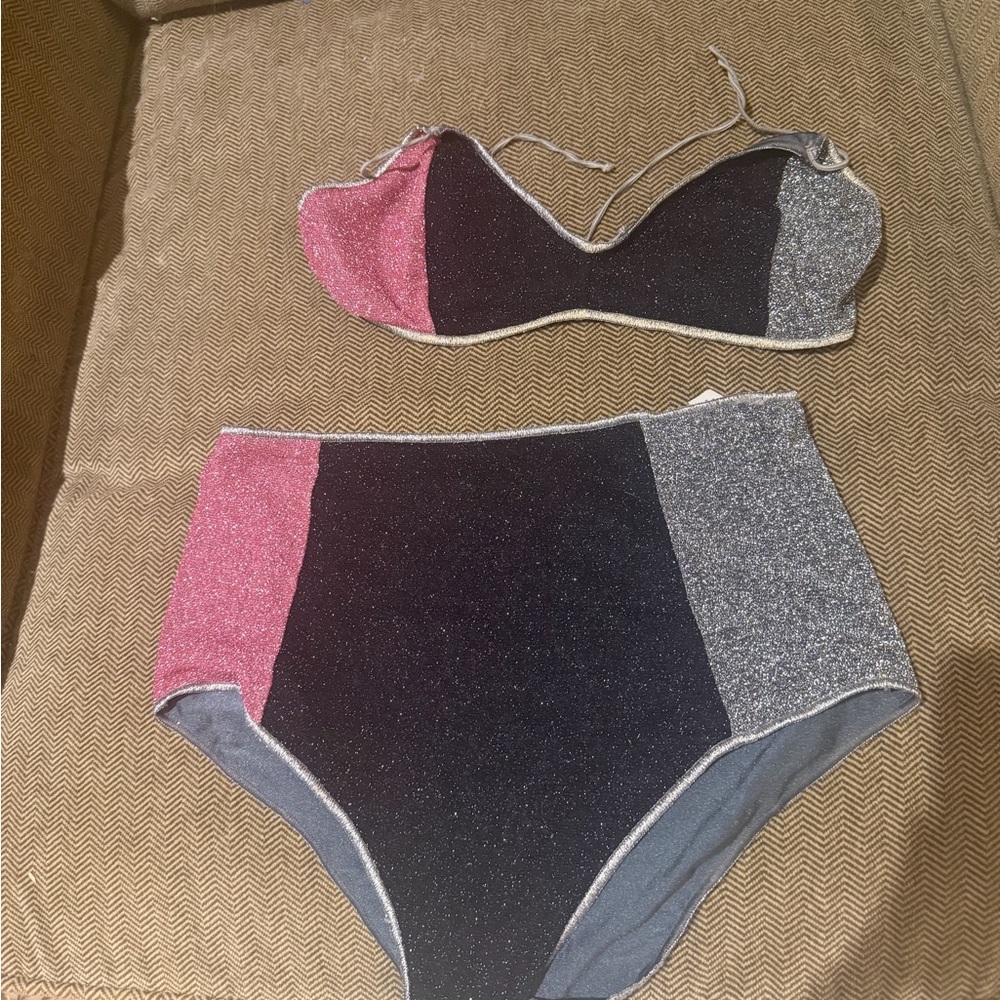 Oseree lumiere - Sparkle Colorblock Two-Piece Bikini - Pink, Black & Silver